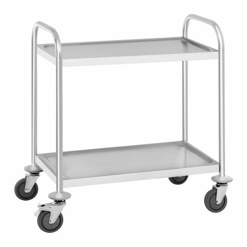 Royal Catering RCSW 2.1H Servierwagen Edelstahl 2 Borde, mit zwei silbernen Edelstahl-Borden zum Speisetransport in der Gastronomie.