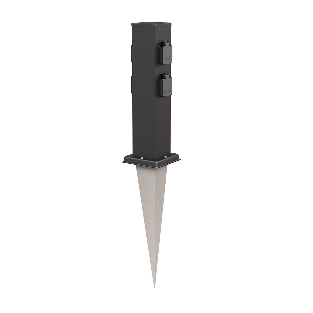 ledscom.de Garten-Steckdosen-Säule Polly, 4-fach, IP44, schwarz: eckige Edelstahlsäule mit Erdspiess