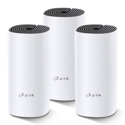 TP-Link Deco M4 Mesh WLAN Set AC1200 - 3er Pack. Drei weiße, zylindrische Geräte für nahtlose AC1200 Mesh WLAN Abdeckung im ganzen Haus.