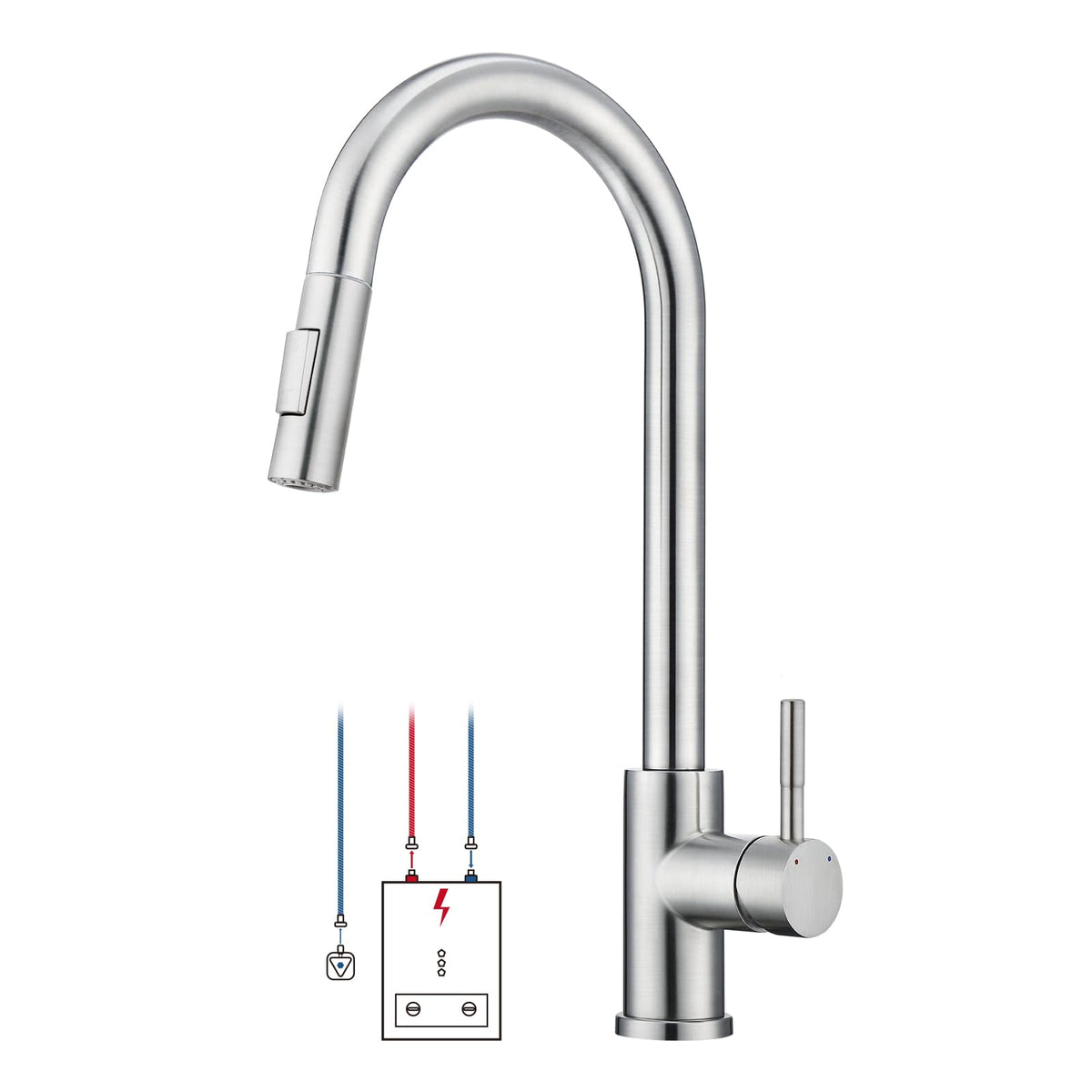 BONADE Niederdruck Küchenarmatur mit ausziehbarer Brause, Edelstahl, gebürstete Oberfläche