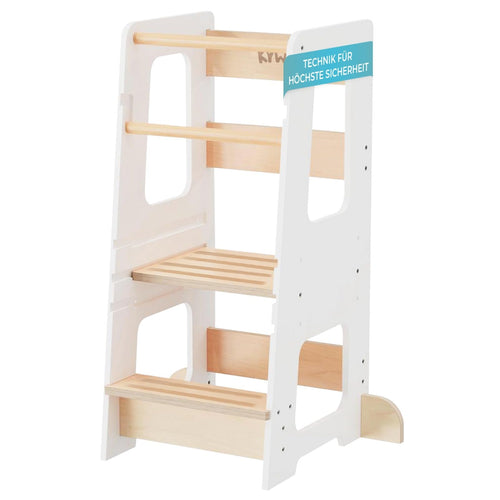 Kywai Lernturm Montessori Bambus höhenverstellbar - ab 1 Jahr. Heller Bambus-Turm, höhenverstellbar. Fördert sicheres Mitmachen in Küche/am Tisch.