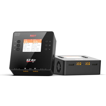 ISDT K2 Air Bluetooth Lipo Ladegerät – Zweikanal AC/DC. Schwarzes, rechteckiges Gerät. Lädt Lipo-Akkus mit zwei Kanälen (AC/DC).