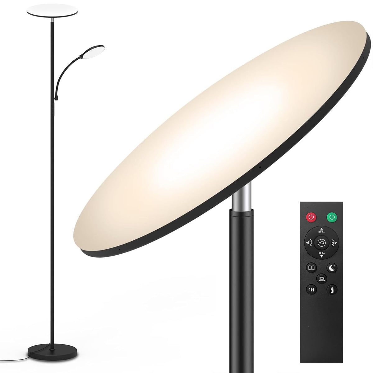 marctronic LED Deckenfluter Stehlampe - Dimmbar Leselampe. Schlanke, silberfarbene Leuchte zur Raumausleuchtung und als gerichtetes Leselicht.
