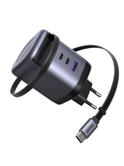 UGREEN Nexode 100W GaN USB-C Ladegerät (4-Port, einziehbares Kabel). Kompaktes, schwarzes Netzteil lädt Notebooks/Mobilgeräte.