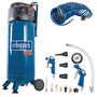 Scheppach HC51V Kompressor 50L ölfrei vertikal mit Druckluft-Set, blauer Zylinder; erzeugt Druckluft zum Betreiben von Werkzeugen.