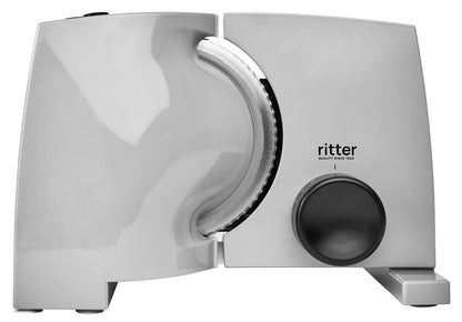 ritter nova 1 Elektrischer Allesschneider Brotschneidemaschine – Metall. Silbernes Gerät mit Rundmesser für präzise Schnitte.