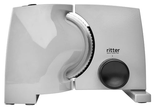ritter nova 1 Elektrischer Allesschneider Brotschneidemaschine – Metall. Silbernes Gerät mit Rundmesser für präzise Schnitte.