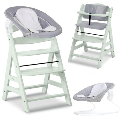 hauck Alpha+ Newborn Set Babyhochstuhl 2in1 Bouncer - Mint. Mintfarbener Kombi-Hochstuhl mit Babyliegesitz für Neugeborene am Esstisch.