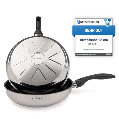 KLAMER Bratpfanne 28 cm, Edelstahl, induktionsgeeignet & backofenfest mit ergonomischem Griff und Schüttrand