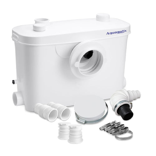Aquamatix Hebeanlage 400W Sanitäre Abwasserpumpe 3 Einlässe, 6.5m. Kompaktes weißes Gerät zur Abwasserentsorgung bis 6,5m Förderhöhe.