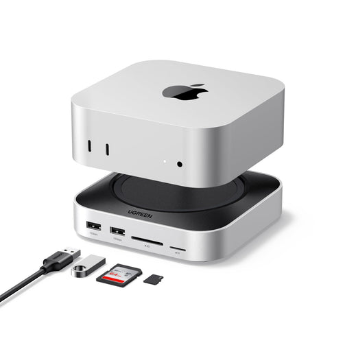 UGREEN Mac Mini M4 Dockingstation Ständer NVMe SSD Gehäuse. Flacher Ständer für Mac Mini, erweitert mit NVMe SSD Speicher und Anschlüssen.