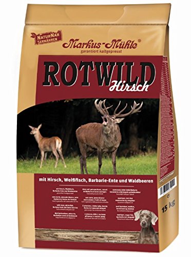 Markus-Mühle ROTWILD Hirsch Hundetrockenfutter - 15kg. Braune Kroketten. Alleinfuttermittel für ausgewachsene Hunde.