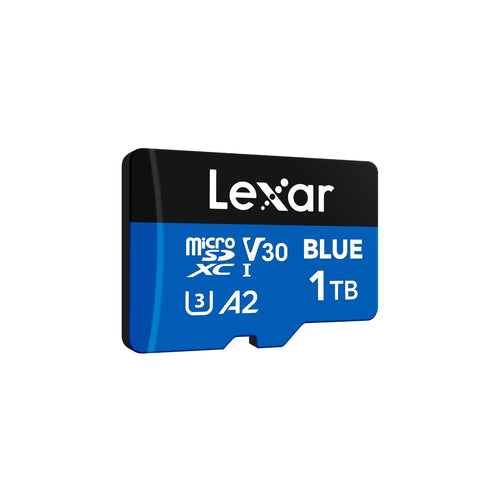 Lexar Blue microSDXC Speicherkarte 1TB – 160MB/s Lesen. Blaue, rechteckige Karte speichert digitale Daten für mobile Geräte.