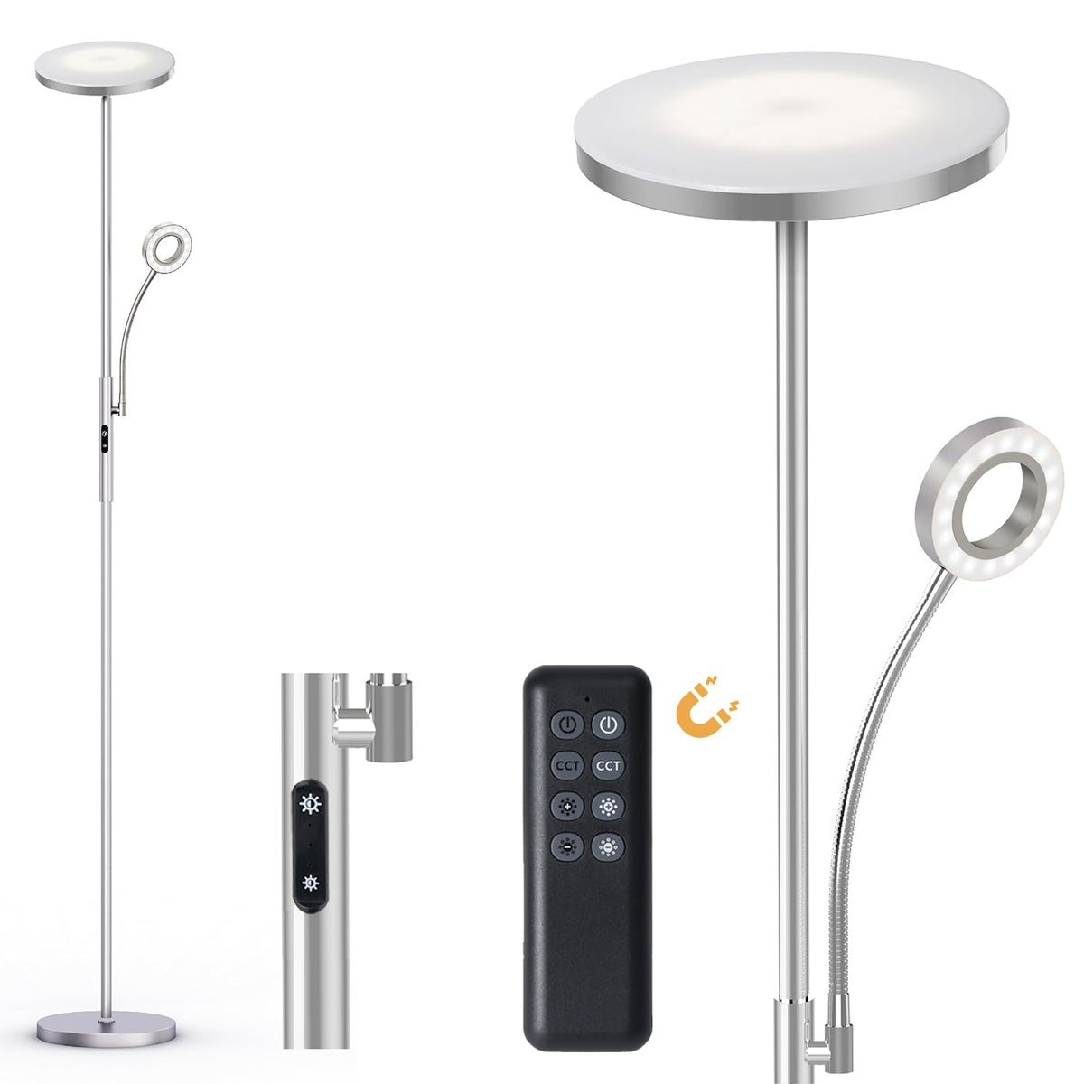 Modlicht LED Stehlampe Dimmbar Deckenfluter Leselampe Silber: Dimmbare, silberne LED-Stehlampe. Beleuchtet indirekt den Raum und direkt als Leselicht.