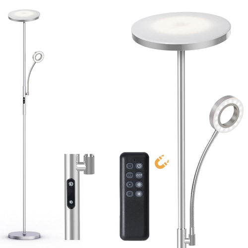 Modlicht LED Stehlampe Dimmbar Deckenfluter Leselampe Silber: Dimmbare, silberne LED-Stehlampe. Beleuchtet indirekt den Raum und direkt als Leselicht.