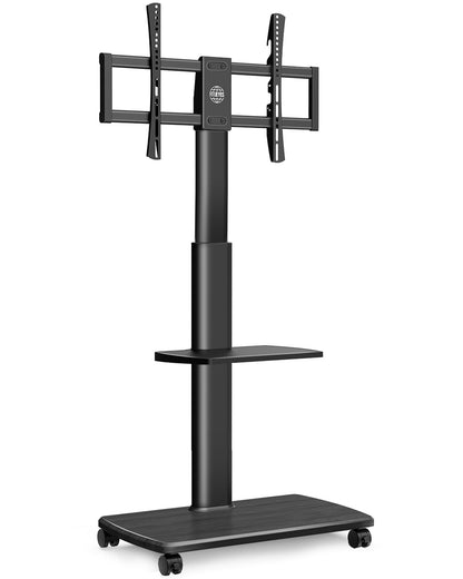 FITUEYES TV Bodenständer Rollbar mit Holzablage für 32-70 Zoll. Schwarzer Rahmen. Für mobile TV-Montage.