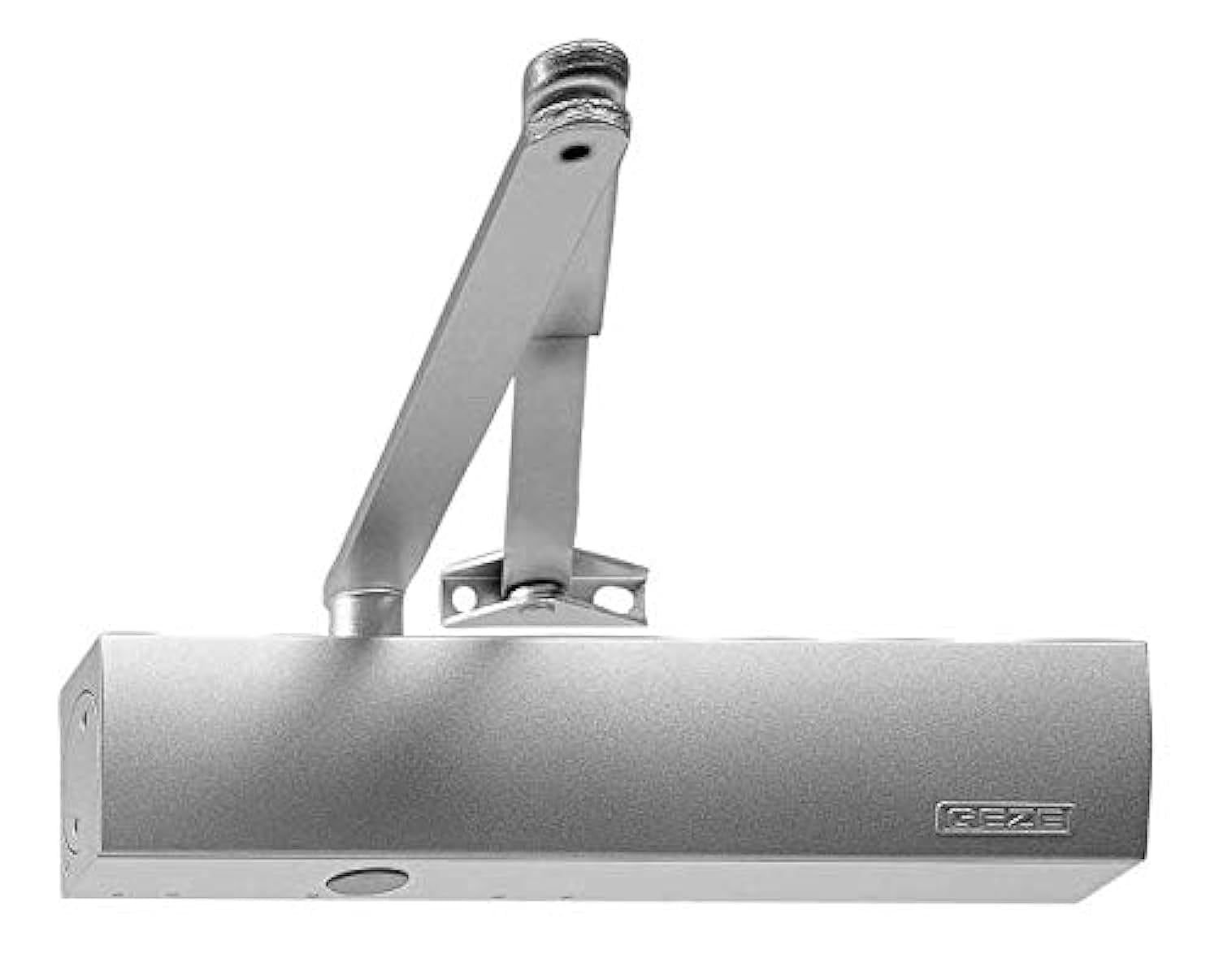 GEZE TS4000 Türschliesser - Silber, Gestänge und Montageplatte. Silbernes Gehäuse mit Gestänge. Schliesst Drehtüren kontrolliert.
