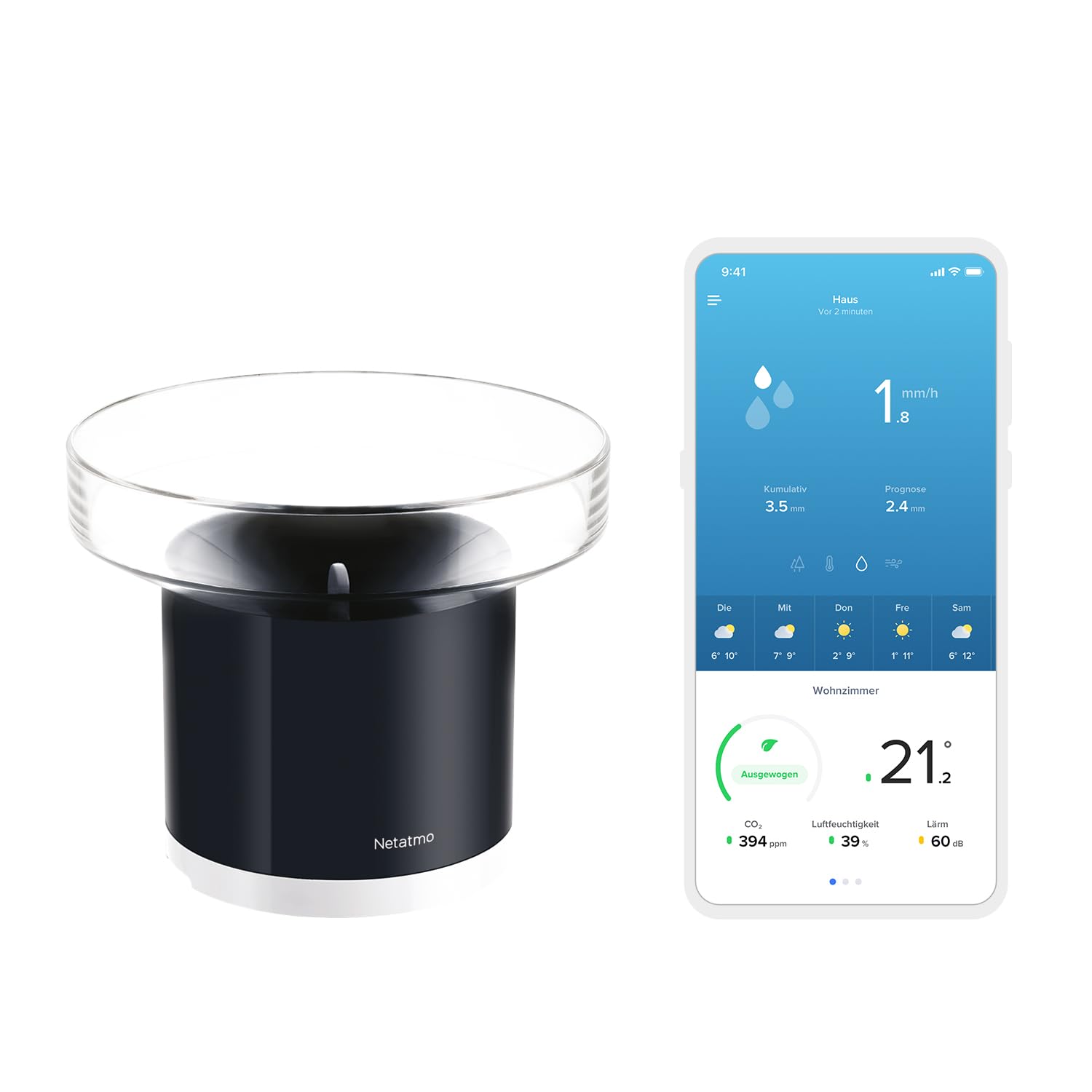 Netatmo Regenmesser Add-on Modul Funk für Wetterstation - NRG01-WW: Schwarzer Trichter zur kabellosen Niederschlagsmessung.