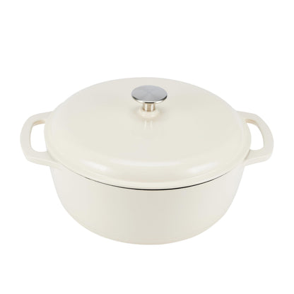 Amazon Basics Rund Schmortopf Emailliertes Gusseisen – 6.9 L Weiss. Runder, weißer Topf zum schonenden Garen.