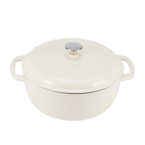 Amazon Basics Rund Schmortopf Emailliertes Gusseisen – 6.9 L Weiss. Runder, weißer Topf zum schonenden Garen.