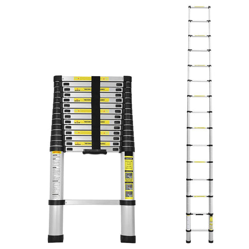 Cecaylie 4,4m Teleskopleiter Aluminium - 150 kg Belastbarkeit. Silberne, ausziehbare Leiter für Arbeiten in der Höhe.