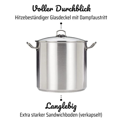 GSW Profi-Topf mit Glasdeckel, Edelstahl, 20 l, induktionsgeeignet