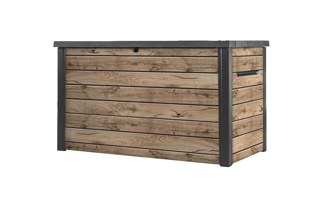 Keter Ontario Aufbewahrungsbox 870L wasserdicht Holzoptik, rechteckig, holzbraun, lagert Gartenartikel wasserdicht.