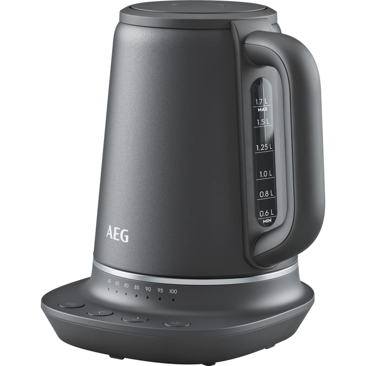 AEG K7-1-6BP Wasserkocher, 1.7L, Grau. Erhitzt Wasser präzise mit 7 Temperaturstufen für Heißgetränke und Speisen.