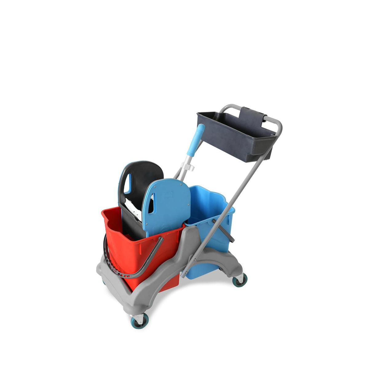 Hypafol Reinigungswagen - 2x25l Eimer mit Presse Extra Korb. Fahrbarer Moppwagen mit zwei 25l Eimern, Presse und Korb für professionelle Bodenreinigung.