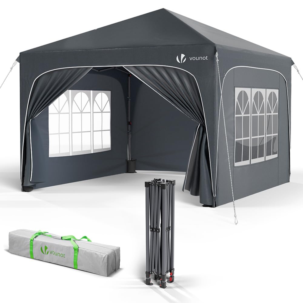 VOUNOT Pavillon 3x3m Pop Up Faltpavillon – Grau, mit Seitenteilen. Quadratischer Pop Up Pavillon in Grau. Bietet schnellen Sonnen- und Regenschutz für Outdoor-Veranstaltungen.