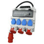 Doktorvolt Baustromverteiler 4x 230V 2x 16A 1x 32A CEE IP44. Robuste, gelbe Box zur Stromverteilung auf Baustellen.