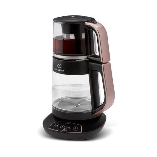 Karaca Çaysever 3-in-1 Glasteemaschine Roségold. Transparentes Glas, Roségold-Akzente. Brüht Tee und kocht Wasser gleichzeitig.
