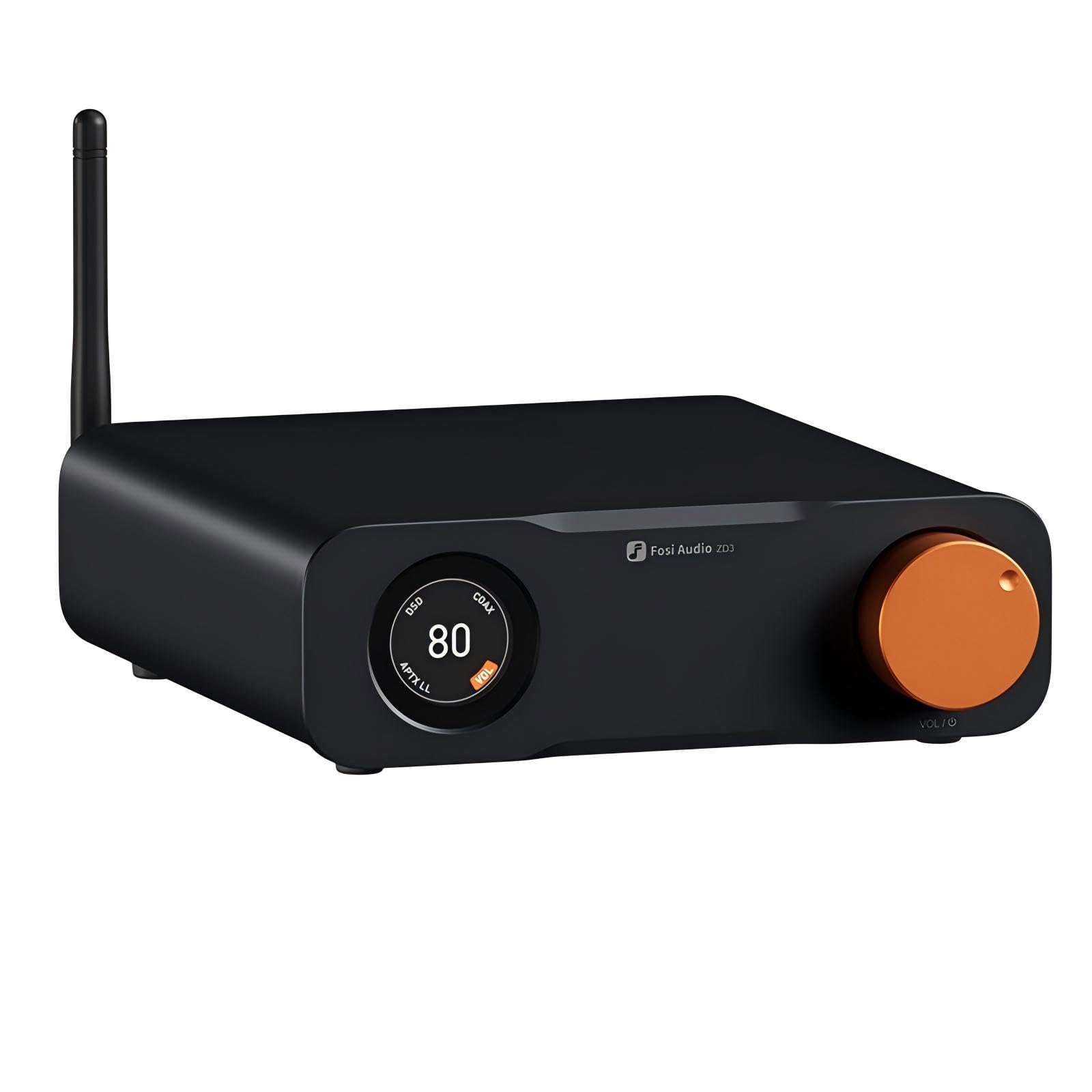 Fosi Audio ZD3 DAC Preamp für Heim-Stereo – vollsymmetrisch. Schwarzes, rechteckiges Gerät. Wandelt digitale Audiosignale für Stereoanlagen.