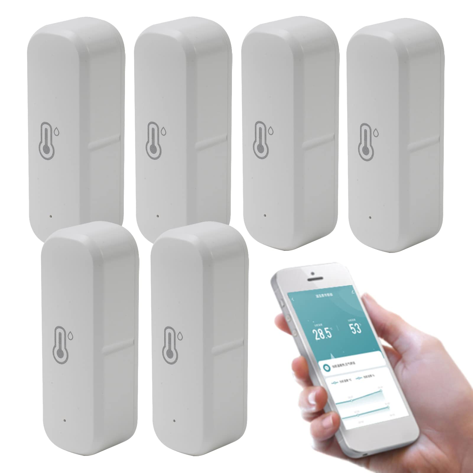 Tuya Smart Raumthermometer Hygrometer Sensor kabellos – 6er Set. Kompakte, weiße Sensoren erfassen präzise Temperatur und Luftfeuchtigkeit zur Raumklimaüberwachung.