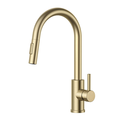 FORIOUS Küchenarmatur Hoher Bogen Ausziehbar – Gebürstetes Gold. Gebogene Einhebel-Spültischarmatur in mattem Gold, ausziehbar, zum Spülen.