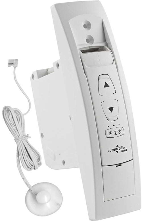 Superrollo GW60 elektrischer Gurtwickler mit Sonnensensor. Rechteckiger, weißer Gurtwickler für automatische Rollladensteuerung.
