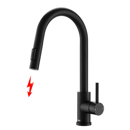Tohlar Niederdruck Küchenarmatur – Ausziehbrause, Schwarz. Matt-schwarzer L-Auslauf mit Zugbrause und Hebelgriff. Für kaltes und warmes Wasser in Niederdrucksystemen.
