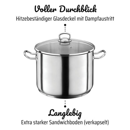 GSW Profi-Jumbotopf Edelstahl Kochtopf mit Glasdeckel, 28 cm, 12 Liter