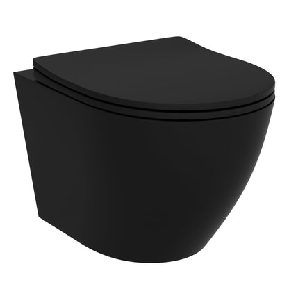 LAVITA Brava Black Spülrandloses Wand-WC – inkl. WC-Sitz Absenkautomatik. Schwarzes, ovales spülrandloses WC zur hygienischen Entsorgung.
