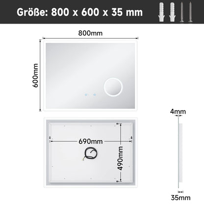 SONNI Badspiegel LED 80x60 cm - Anti-Beschlag & 3 Lichtfarben