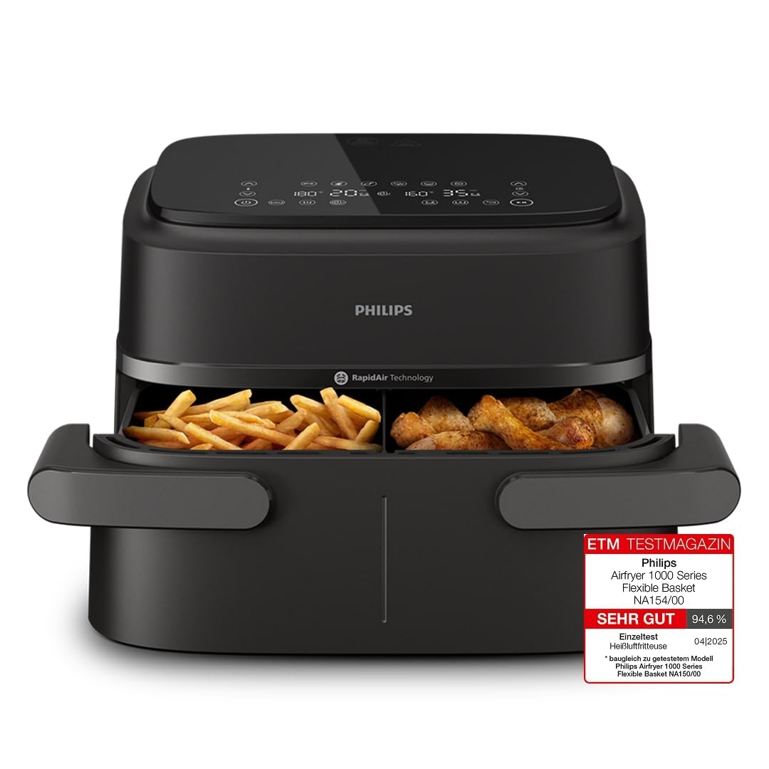 Philips Airfryer 1000 Series Flexible Basket - 7.1L Schwarz NA154/00. Kompakte, schwarze Heißluftfritteuse zum Garen von Speisen mit Heißluft.