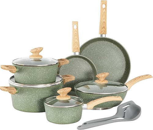 Kitchen Academy Topfset 12tlg Antihaft-Kochgeschirr Set - Grün: Grüne antihaftbeschichtete Töpfe, Pfannen und Glasdeckel zum Kochen/Braten.