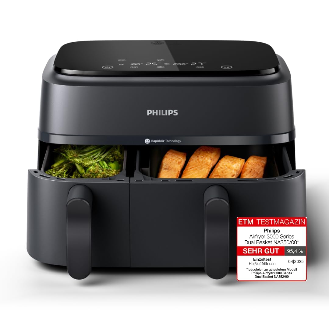 Philips Airfryer Dual Basket 3000 Series Heissluftfritteuse - 9L. Schwarzes Gerät. Zum Heissluft-Garen.