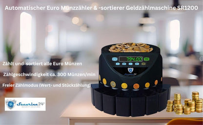 Securina24 SR1200 Euro Münzzähler & Sortierer - Schwarz