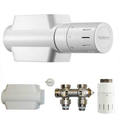 Buderus Multiblock Universal Ventilset - Eck/Durchgang mit Thermostatkopf. Metallenes Ventilset mit weißem Kopf zur Heizkörperanbindung & Temperaturregelung.