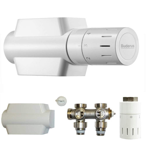 Buderus Multiblock Universal Ventilset - Eck/Durchgang mit Thermostatkopf. Metallenes Ventilset mit weißem Kopf zur Heizkörperanbindung & Temperaturregelung.