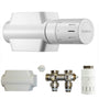 Buderus Multiblock Universal Ventilset - Eck/Durchgang mit Thermostatkopf. Metallenes Ventilset mit weißem Kopf zur Heizkörperanbindung & Temperaturregelung.