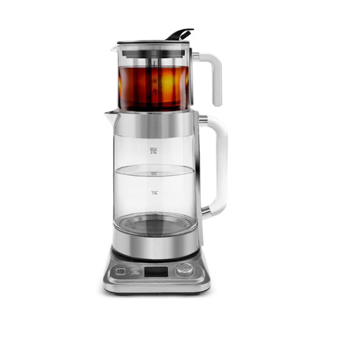 Karaca X Refika XL Automatischer Teekocher Caydanlik - Chrom. Chromfarbenes Gerät brüht und wärmt Tee.