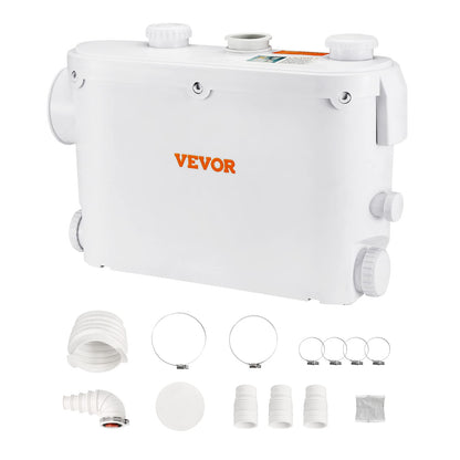 VEVOR Fäkalienhebeanlage 500W Abwasserpumpe 8m Förderhöhe. Graue, rechteckige Einheit für die Schmutz- und Fäkalwasserentsorgung ohne Gefälle.