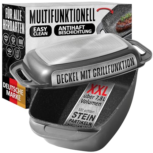 STONELINE Aluguss Bräter Induktion Antihaft – 43x26 cm 8,4L Grau. Rechteckiger, grauer Aluguss-Bräter mit Antihaftbeschichtung für Kochen auf Induktion.